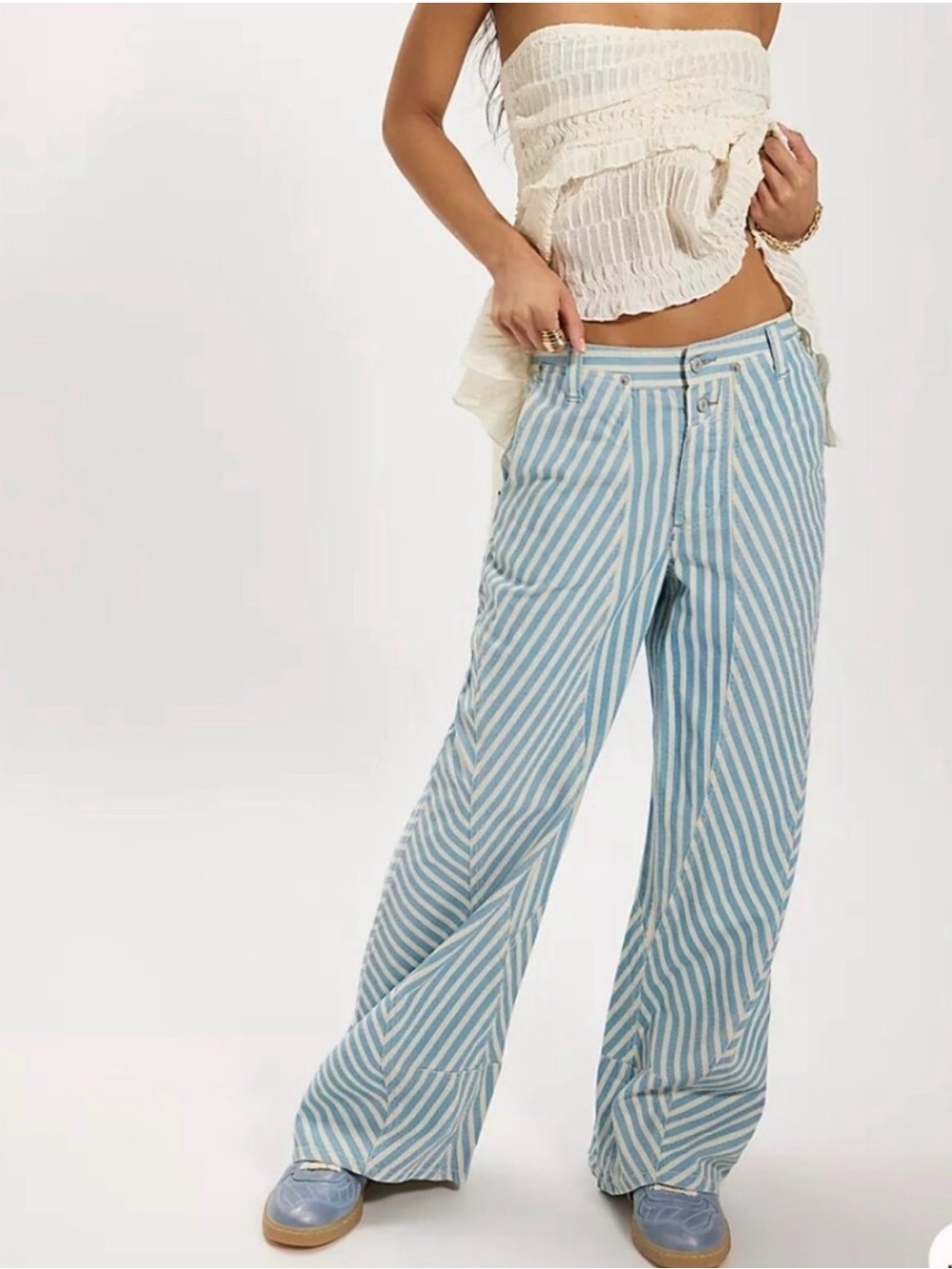 Free People Blue & White Striped Wide-Leg Pants